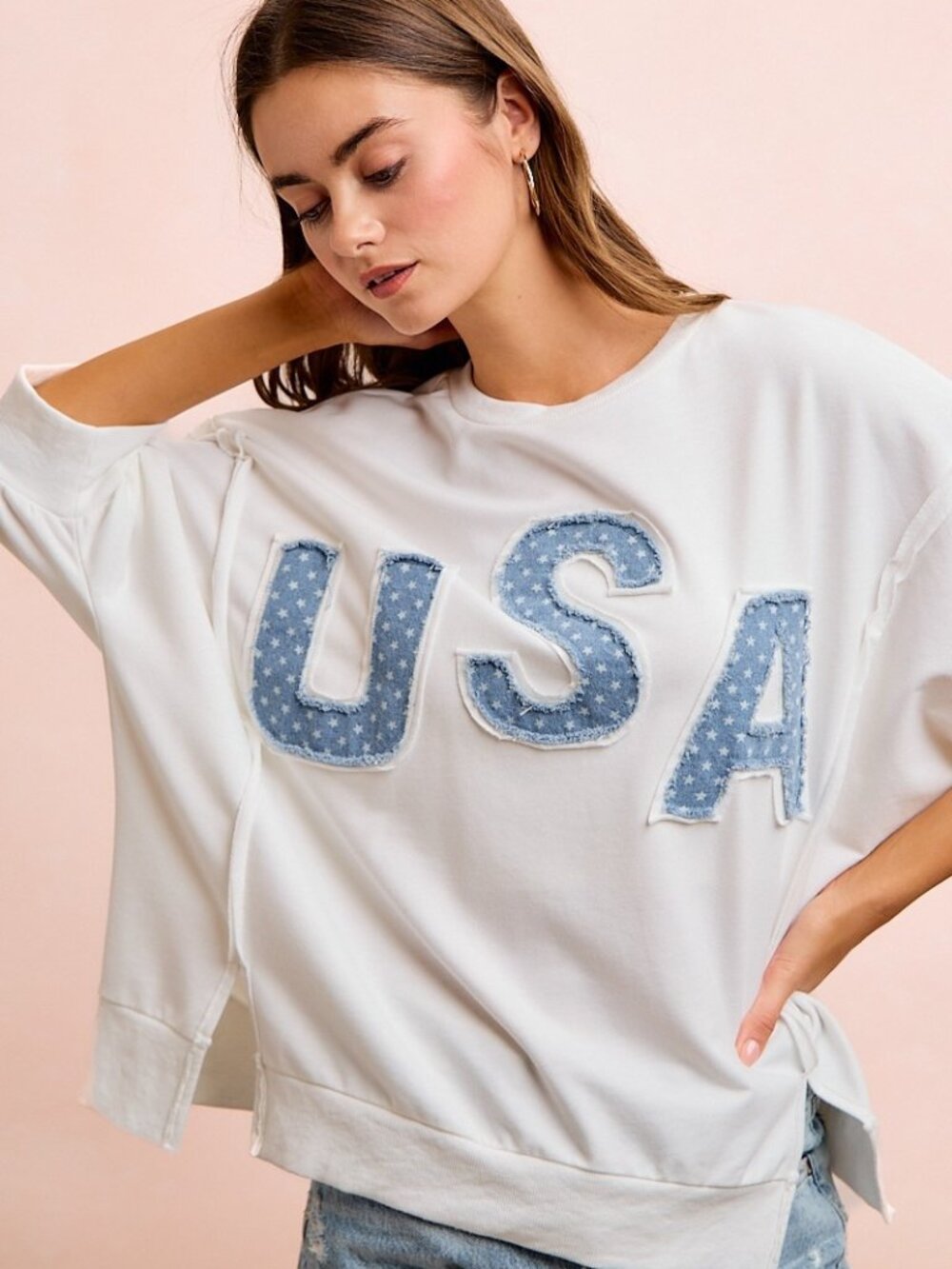 BiBi 4th Of July USA Letter Patchwork French Terry Top XL
